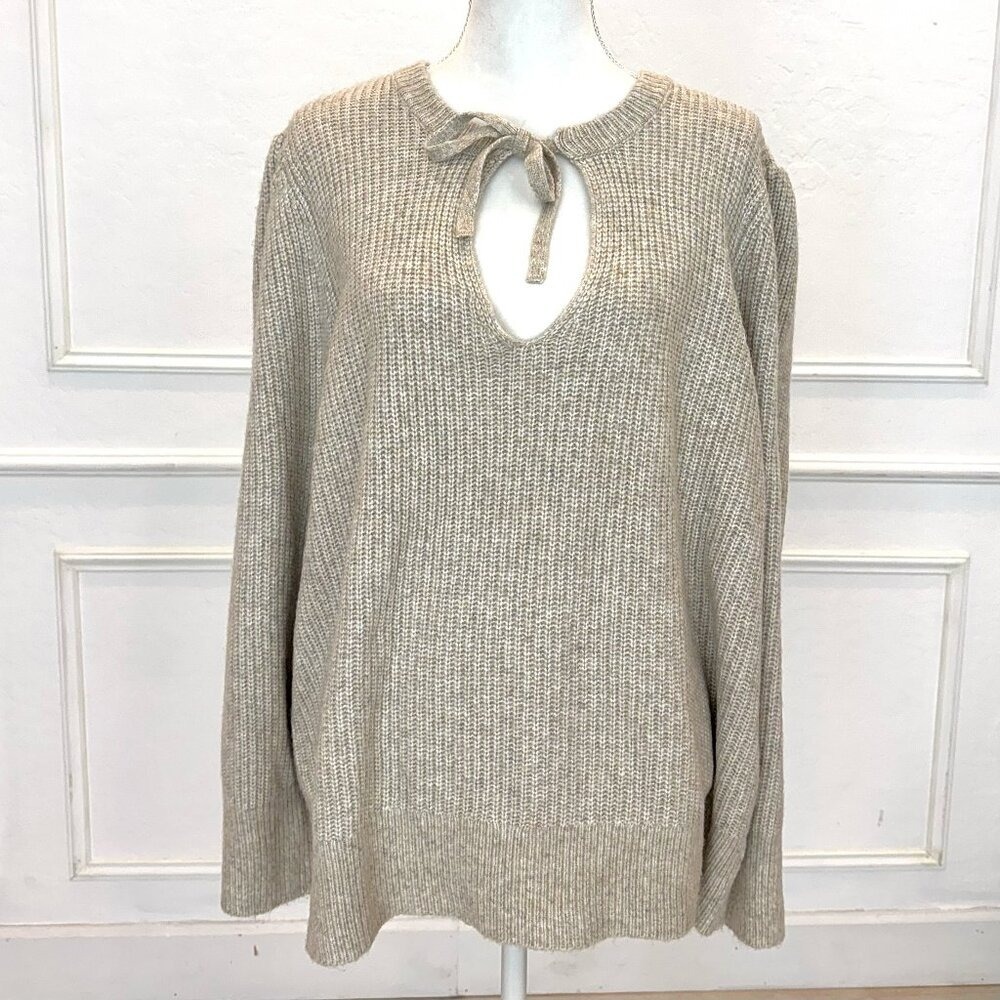 Frye & Co Tie‎ Neck Chunky Knit Sweater | Oatmeal Beige 2X | Cozy Boho Pullover - Picture 2 of 6
